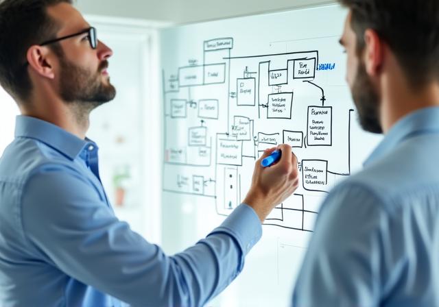 Consultant working with client on process mapping white board