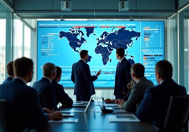Executive team analyzing market data on a large screen